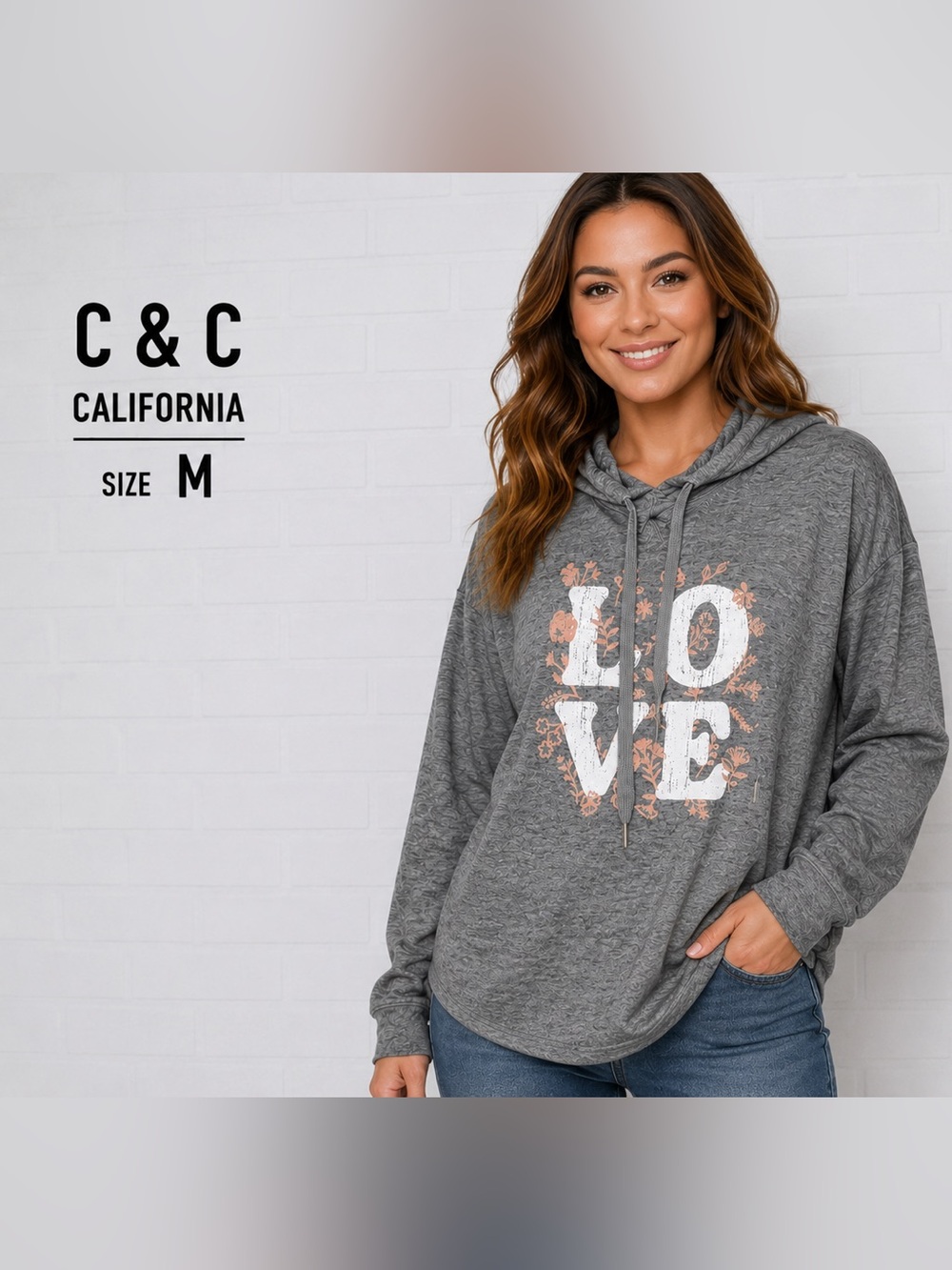 C & C California LOVE Graphic Hoodie Gray Pullover Sweatshirt Size M